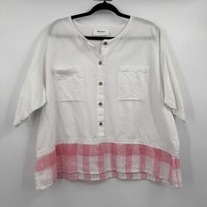 MEOMUA‎ Button-Up Tunic Womens XL White Linen Short Dolman Sleeve Pink Plaid